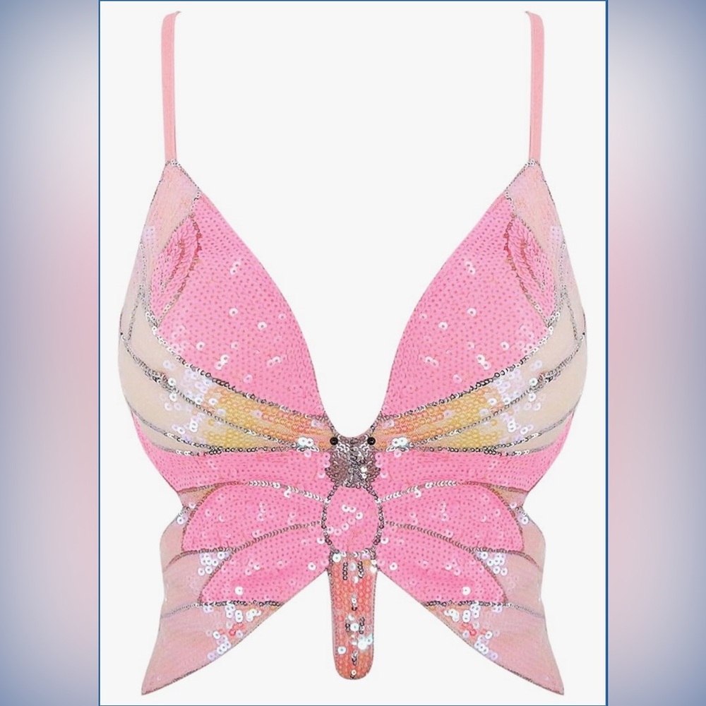 Pink Sequin Butterfly Crop Top